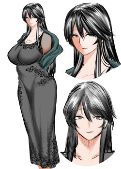 1girl absurdres arms_behind_back black_dress black_eyes black_hair breasts closed_mouth curvy dress floral_print grey_eyes hair_between_eyes highres huge_breasts jewelry large_breasts long_dress long_hair looking_at_viewer mature_female mole mole_under_mouth multiple_views necklace pearl_necklace reference_sheet see-through_clothes shawl shuten_douji_(kaienntai) simple_background smile standing white_background