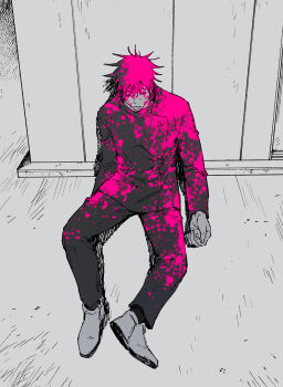 Rule 34 | 1boy, blood, blood on clothes, blood on face, closed eyes, closed mouth, commentary request, fushiguro megumi, highres, jj59u, jujutsu kaisen, jujutsu tech uniform, male focus, on floor, pants, partially colored, pink blood, shoes, short hair, sitting, solo, spiked hair