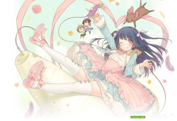 10s 1girl arm_up artist_name blue_hair dog dress female_focus grin holding kinoshita_ringo_(no-rin) kippu long_hair long_sleeves looking_at_viewer no-rin official_art one_eye_closed pink_eyes ribbon smile solo thighhighs two_side_up white_thighhighs