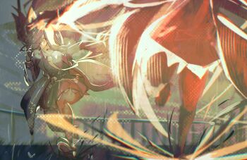 2girls absurdres animal_ears black_coat black_gloves black_hair black_pantyhose black_shirt black_skirt coat collared_shirt dress gloves hair_between_eyes highres horse_ears horse_girl horse_tail long_bangs long_hair long_hair_between_eyes long_sleeves manhattan_cafe_(creeping_shadow)_(umamusume) manhattan_cafe_(umamusume) multicolored_hair multiple_girls necktie open_mouth pantyhose peemy red_desire_(umamusume) red_dress red_thighhighs running shirt shoes skirt tail thighhighs umamusume very_long_hair yellow_eyes yellow_necktie