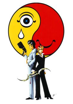 absurdres artist_name black_hair brown_hair devil_summoner_(game) devil_summoner_(series) formal_clothes gump_(devil_summoner) highres holding holding_weapon jewelry kazuma_kaneko kuzunoha_kyouji necklace necktie official_art pant_suit pants rei_reiho signature smile standing suit third-party_source watch weapon weapon_request white_background white_pants wristwatch yellow_necktie