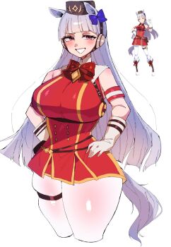 1girl animal_ears belt_pouch bow bowtie breasts brown_bag brown_hat buttons commentary dore2801 double-breasted dress ear_covers english_commentary gloves gold_ship_(red_strife)_(umamusume) gold_ship_(umamusume) grey_hair hands_on_own_hips hat highres horse_ears horse_girl horse_tail large_breasts long_hair looking_at_viewer pantyhose pillbox_hat pouch red_bow red_bowtie red_dress simple_background sleeveless sleeveless_dress solo straight_hair tail thick_thighs thighs umamusume very_long_hair white_background white_gloves wide_hips yellow_trim