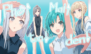 4girls aqua_hair arm_up arrow_(symbol) bare_shoulders black_dress blonde_hair blue_background blue_dress braid collared_dress collared_shirt commentary d4dj dress fukushima_noa gradient_background green_eyes grey_eyes grey_hair group_name hanamaki_towa highres izumo_saki long_sidelocks multiple_girls niijima_ibuki photon_maiden shirt sidelocks sleeveless sleeveless_dress sleeveless_shirt sparkle white_hair white_shirt yellow_eyes yukitake_(bullfalk)