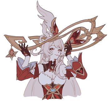 1girl alice_(genshin_impact) bare_shoulders black_gloves blonde_hair breasts cleavage closed_mouth commentary_request detached_collar detached_sleeves dress gem genshin_impact gloves gold_halo gold_ring halo hands_up heart-shaped_gem highres jewelry large_breasts lips long_hair long_sleeves looking_at_viewer mochimochi_ocha orange_pupils pendant pointy_ears red_dress red_eyes red_gemstone red_sleeves simple_background single_sidelock sleeveless sleeveless_dress smile solo strapless strapless_dress upper_body white_background wide_sleeves