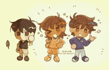 &gt;_o 3boys alternate_eye_color antenna_hair artist_name black_eyes black_hair black_shoes black_sweater_vest blue_shoes blue_sweater blush book bracelet brothers brown_eyes brown_hair brown_shorts collared_shirt dark-skinned_male dark_skin double-parted_bangs grey_pants hair_between_eyes hero_(faraway)_(omori) hero_(omori) highres holding holding_book jewelry kel_(faraway)_(omori) kel_(omori) long_sleeves looking_at_viewer male_focus mole mole_under_eye multiple_boys omori one_eye_closed open_mouth orange_shoes orange_shorts pants shirt shoes short_hair shorts siblings smile sneakers socks something_(omori) sunny_(omori) sweater sweater_vest white_shirt white_socks zipsunz