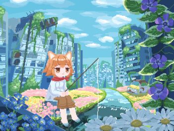 1girl :< abandoned animal_ears animated animated_gif blinking blue_sky brown_eyes brown_pants bug building butterfly cat_ears closed_eyes daisy_(flower) day dot_nose field fishing fishing_rod flower flower_field forget-me-not_(flower) highres insect kuronmaibyou looping_animation orange_hair original overgrown pants pixel_art post-apocalypse purple_flower sky skyscraper sleeping solo stream stretching traffic_light water yawning