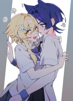 ! 1boy 1girl alternate_costume animal_ears averting_eyes black_skirt blonde_hair blouse blunt_ends blush bow breasts cat_boy cat_ears collared_shirt contemporary ear_blush eyelashes eyeliner eyeshadow flower genshin_impact hair_between_eyes hair_flower hair_intakes hair_ornament hairclip heads_together hetero highres in_locker looking_at_another lumine_(genshin_impact) makeup medium_breasts multicolored_hair neck_blush open_mouth purple_bow purple_eyes purple_hair red_eyeliner red_eyeshadow scaramouche_(genshin_impact) school_uniform shirt short_hair short_hair_with_long_locks short_sleeves sia37068010 sidelocks skirt spoken_blush spoken_exclamation_mark spoken_sweatdrop streaked_hair sweatdrop tareme white_flower white_shirt white_sleeves wristband yellow_eyes