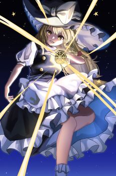 Rule 34 | 1girl, apron, black hat, black skirt, black vest, blonde hair, bow, braid, commentary request, dinotodon, frilled apron, frilled hat, frilled skirt, frilled socks, frills, grin, hair bow, hat, hat bow, highres, holding, kirisame marisa, long hair, mini-hakkero, night, puffy short sleeves, puffy sleeves, red bow, shirt, short sleeves, single braid, skirt, smile, socks, solo, star (sky), star (symbol), touhou, vest, waist apron, white apron, white bow, white shirt, white socks, wide brim, witch hat