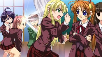 Rule 34 | > <, 1boy, 4040 (abonriya), 5girls, 6+girls, ahoge, blue eyes, brown hair, chalkboard, classroom, closed eyes, collared shirt, crossed arms, curtains, empty eyes, forehead, glasses, green eyes, hair over one eye, hand up, horie yui, indoors, jacket, jitome, kagurazaka asuna, konoe konoka, long hair, long sleeves, mahou sensei negima!, miniskirt, miyazaki nodoka, multiple girls, negi springfield, nonaka ai, open mouth, orange hair, pani poni dash!, parody, pince-nez, pleated skirt, poorly drawn, red ribbon, ribbon, sanshita, sasaki makie, school, school uniform, serafuku, shirt, short hair, skirt, teacher, teacher and student, twintails, voice actor connection, white shirt, window, yukihiro ayaka