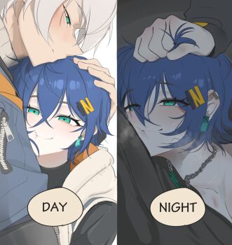 1boy 1girl belle_(zenless_zone_zero) blue_hair brother_and_sister day_and_night doli_palta earrings grabbing_another's_hair green_eyes grey_hair hair_between_eyes hetero highres holding_another's_hair hug implied_incest implied_sex jewelry meme necklace short_hair siblings smile sometimes_like_this/also_like_that_(meme) wise_(zenless_zone_zero) zenless_zone_zero