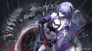 1girl acheron_(honkai:_star_rail) ambiguous_red_liquid black_choker black_gloves black_shorts blood bloody_tears bone breasts chain choker cleavage coat coattails detached_sleeves flower gloves hair_over_one_eye highres honkai:_star_rail honkai_(series) leg_tattoo long_hair midriff multicolored_hair navel purple_eyes purple_hair q_pulan rain red_flower scabbard sheath sheathed short_shorts shorts single_bare_shoulder skeleton skull snake solo stomach streaked_hair sword tattoo weapon white_coat