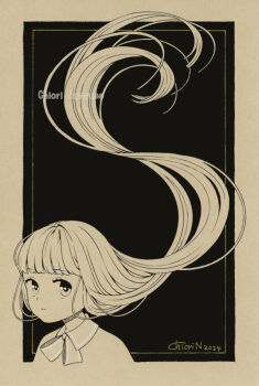 1girl artist_name border chiori_n commentary_request dated floating_hair long_hair looking_at_viewer monochrome neck_ribbon original ribbon signature simple_background solo traditional_media upper_body very_long_hair