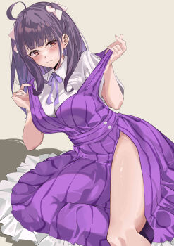 1girl absurdres adjusting_clothes ahoge blush breasts brown_background carskey1120 chofu_noriko commentary dress embarrassed hair_ribbon hashtag-only_commentary highres ikizulive!_love_live!_bluebird large_breasts long_hair looking_at_viewer love_live! neck_ribbon purple_dress purple_eyes purple_hair purple_ribbon ribbon shirt sitting solo thighs white_ribbon white_shirt