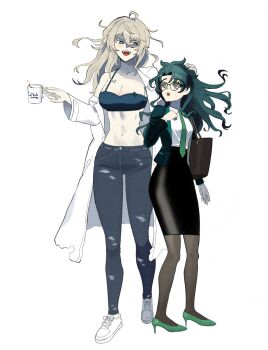 2girls :o abs absurdres bag black_bra black_skirt blonde_hair blush bra breasts brown_bag brown_eyes brown_pantyhose chirosamu collarbone collared_shirt commentary cup drink english_commentary formal_clothes glasses green_eyes green_hair green_jacket green_necktie green_shoes grey_pants hand_on_another&#039;s_head handbag height_difference high_heels highres holding holding_cup holding_drink jacket long_hair long_sleeves messy_hair mug multiple_girls navel necktie open_clothes open_jacket open_mouth original pants pantyhose shirt shoelaces shoes simple_background skirt smile stomach suit sweatdrop teeth toned toned_female torn_clothes torn_jacket underwear upper_teeth_only white_background white_jacket white_shirt white_shoes yuri