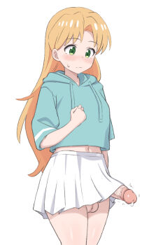1futa aqua_hoodie blonde_hair blush closed_mouth clothes_lift cowboy_shot drawstring erection futanari green_eyes highres hood hoodie kurofuro large_penis long_hair navel penis precum ruri_no_houseki simple_background skirt skirt_lift solo tanigawa_ruri testicles white_background white_skirt