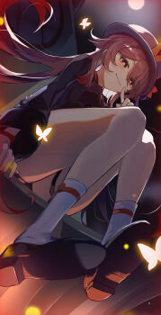 1girl absurdres black_jacket brown_hair bug butterfly closed_mouth floating_hair from_below genshin_impact grey_hat hat haya_(haya2) highres hu_tao_(genshin_impact) index_finger_raised insect jacket long_hair nail_polish red_eyes red_nails short_sleeves smile socks solo thigh_strap very_long_hair white_socks