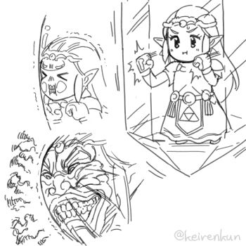 >_< 1girl against_glass bracelet bug chibi clenched_teeth commentary_request cricket crystal dress face_against_glass grappler_baki jewelry long_dress monbetsu_kuniharu monochrome nintendo parody pout princess_zelda shoulder_pads sweatdrop teeth the_legend_of_zelda the_legend_of_zelda:_echoes_of_wisdom trapped triforce twitter_username