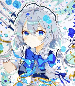 1girl blue_bow blue_bowtie blue_eyes blue_flower blue_rose blush bow bowtie braid closed_mouth collared_shirt commentary_request cup flower grey_hair hair_bow hair_flower hair_ornament highres holding holding_teapot holding_tray izayoi_sakuya knife long_hair looking_at_viewer maid maid_headdress marker_(medium) pocket_watch puffy_short_sleeves puffy_sleeves ringo33757 rose shirt short_sleeves solo teacup teapot touhou traditional_media tray twin_braids watch white_shirt
