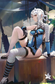 1girl bandaged_leg bandages black_gloves black_shoes box braid braided_hair_rings breasts brown_eyes commentary day flower gloves hair_flower hair_ornament hair_rings highres kaine_(nier) medium_breasts nier_(series) on_box outdoors revealing_clothes shoes single_bare_shoulder sitting solo thigh_strap unsomnus weapon white_hair wooden_box