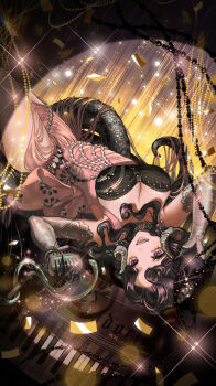 1girl :d anjo_nala arms_up black_hair breasts cleavage commentary_request cowboy_shot curled_horns dress gloves grey_gloves grey_horns highres holding holding_microphone_stand horns large_breasts light_particles lizard_tail long_hair low_horns lying making-of_available microphone microphone_stand on_back open_mouth pink_dress purple_eyes reverse:1999 side_slit sleeveless sleeveless_dress smile solo sparkle spotlight tail upside-down vintage_microphone wu_yu_wuyu