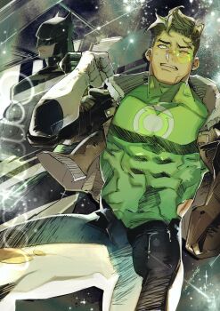 bat_signal batman batman_(series) batman_symbol black_bodysuit bodysuit bomber_jacket brown_jacket bruce_wayne cape covered_abs cowl dc_comics gloves green_bodysuit green_lantern green_lantern_(series) green_lantern_corps grey_bodysuit hal_jordan highres insignia jacket large_pectorals male_focus multicolored_bodysuit multiple_boys muscular muscular_male pectorals short_hair superhero_costume taut_bodysuit tokitokororo two-tone_bodysuit