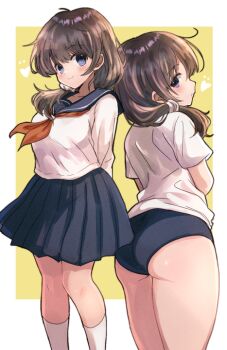 1girl ass back-to-back black_buruma black_sailor_collar black_skirt blue_eyes brown_eyes buruma commentary_request famicom_tantei_club feet_out_of_frame gym_shirt gym_uniform hair_over_shoulder hamaneko29q long_hair low-tied_long_hair multiple_views pleated_skirt sailor_collar sailor_shirt school_uniform serafuku shirt skirt socks t-shirt tachibana_ayumi white_shirt white_socks