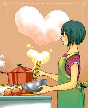 1girl apron boiling brown_background brown_hair chopsticks closed_eyes cooking green_hair heart idolmaster idolmaster_cinderella_girls mixing_bowl nijiiro_funk onion otonashi_kotori profile salad short_sleeves standing steam