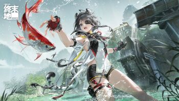 Rule 34 | 1girl, ahoge, animal ear fluff, animal ears, arknights, arknights: endfield, artist request, bamboo, bamboo forest, black hair, black shorts, blue eyes, breasts, carp, chinese commentary, commentary request, copyright logo, copyright notice, cowboy shot, dress, extra ears, eyepatch, fingerless gloves, forest, gloves, highleg, highleg dress, highres, holster, logo, long sidelocks, medium breasts, nature, official art, one eye covered, outstretched arms, promotional art, river, short hair with long locks, short shorts, shorts, side slit, sideboob, sideboob cutout, sidelocks, solo, splashing, spread arms, sticker (medium), tail, tangtang (arknights), tassel, thigh holster, thigh strap, tiger ears, tiger girl, tiger tail, two-sided gloves, water wheel, white dress