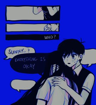 Rule 34 | 1boy, 1girl, @ @, antenna hair, black eyes, black hair, black sweater vest, blue background, brother and sister, colored skin, commentary, crying, crying with eyes open, english commentary, english text, fingernails, hair behind ear, hair between eyes, hand on another's back, hand on another's head, hashtag-only commentary, highres, implied death, long hair, mari (faraway) (omori), mari (omori), omo taru, omori, open mouth, shirt, short hair, short sleeves, siblings, spoilers, sunny (omori), sweat, sweater vest, tears, white shirt, white skin