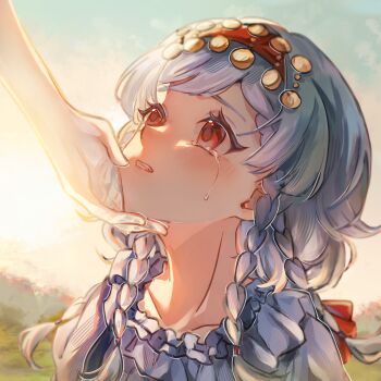 1girl 1other absurdres blue_sky crying crying_with_eyes_open day facing_up hairband hand_on_another&#039;s_chin highres long_hair looking_up parted_lips portrait quad_braids red_eyes red_hairband reverse:1999 rubuska shirt sky streaming_tears sunlight tears white_hair white_shirt yi_zui_hua_yue