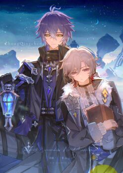 Rule 34 | 2boys, ahoge, antennae, black coat, black gloves, blue fire, blue hair, book, closed mouth, coat, colored tips, cowboy shot, duqiaowange, earrings, empty eyes, fire, flins (genshin impact), fur-trimmed coat, fur trim, genshin impact, geo symbol (genshin impact), gloves, hashtag-only commentary, highres, holding, holding book, holding lantern, illuga (genshin impact), jewelry, lantern, looking at another, mole, mole under eye, multicolored hair, multiple boys, silver trim, single earring, sweater, turtleneck, turtleneck sweater, vision (genshin impact), watermark, yellow eyes