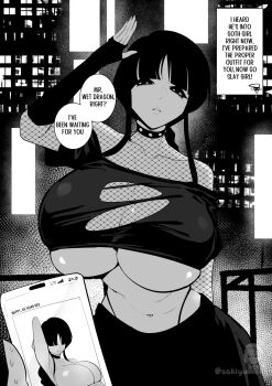 1girl arm_warmers armpits black_panties breasts choker fishnet_top fishnets gothic_punk highleg highleg_panties highres holding holding_phone huge_breasts monochrome original panties phone sakino_yumeko salute shirt skirt speech_bubble studded_choker torn_clothes torn_shirt underboob underwear watermark