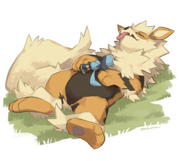 Rule 34 | arcanine, artist name, black fur, blue fur, blue tail, dog, full body, gen 1 pokemon, gen 4 pokemon, grass, highres, lying, makoto ikemu, nintendo, no humans, on back, on stomach, orange fur, pokemon, pokemon (creature), riolu, simple background, sleeping, striped fur, tongue, tongue out, white background