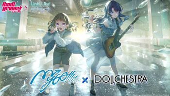 2girls bang_dream! bang_dream!_it's_mygo!!!!! bass_guitar black_shoes black_socks blue_dress blue_eyes blue_hair blue_jacket bridge brown_hair closed_mouth commentary_request cosplay crosswalk dollchestra dress grey_skirt guitar_strap highres holding holding_bass_guitar holding_instrument holding_microphone holding_plectrum instrument jacket kachimachi_kosuzu link!_like!_love_live! long_hair love_live! medium_hair microphone multiple_girls murano_sayaka nagasaki_soyo nagasaki_soyo_(cosplay) official_art open_clothes open_jacket open_mouth pink_eyes plectrum rain shirt shoes short_sleeves skirt socks takamatsu_tomori takamatsu_tomori_(cosplay) wet white_shirt