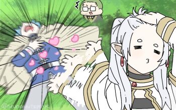 1girl 2boys adjusting_hair afterimage blowing_kiss blue_tunic capelet chibi cloak closed_eyes earrings elf floating_earrings frieren frieren_blowing_a_kiss glasses hair_slicked_back hand_in_own_hair hand_on_own_head heart heiter himmel_(sousou_no_frieren) hitting jab jewelry meme motion_blur multiple_boys naoya_hitting_choso_without_looking_(meme) o3o parody pointy_ears puckered_lips pursed_lips rapid_punches scene_reference sousou_no_frieren teardrop_earrings tunic white_capelet white_cloak yunayuispink