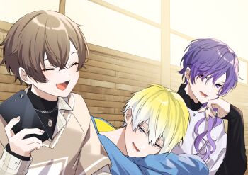 3boys alban_knox alban_knox_(2nd_costume) black_shirt blonde_hair blue_eyes blue_jacket blush brown_hair brown_shirt closed_eyes collared_shirt commentary_request heterochromia holding holding_phone indoors jacket jewelry laughing long_hair looking_at_another male_focus multiple_boys nana72710193 necklace nijisanji nijisanji_en open_mouth phone pink_eyes plaid_clothes plaid_shirt ponytail purple_eyes purple_hair ring shirt short_hair smile sonny_brisko sonny_brisko_(2nd_costume) uki_violeta uki_violeta_(2nd_costume) undershirt virtual_youtuber wavy_hair white_shirt