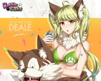 Rule 34 | 1girl, :o, ahoge, animal costume, animal ears, bare arms, bare shoulders, bikini, bikini top only, bottle, breasts, character name, cleavage, commentary, confetti, deale (nyanko daisensou), english commentary, fake animal ears, fingernails, green bikini, grey hair, hand up, holding, holding bottle, long hair, looking at viewer, medium breasts, nyanko daisensou, open mouth, orange eyes, sidelocks, solo, sweat, swimsuit, tongue, twintails, upper body, very long hair, wolf costume, zoom layer, zxpfer