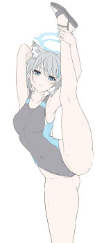 1girl animal_ear_fluff animal_ears armpits arms_up black_one-piece_swimsuit blue_archive blue_eyes blue_halo blue_one-piece_swimsuit breasts commentary competition_swimsuit covered_navel cross cross_hair_ornament earrings english_commentary extra_ears flat_color grey_hair hair_ornament halo highleg highleg_one-piece_swimsuit highres holding_own_leg inverted_cross jewelry kneepits leg_up light_blush looking_at_viewer medium_breasts mismatched_pupils multicolored_swimsuit official_alternate_costume one-piece_swimsuit sandals shiroko_(blue_archive) shiroko_(swimsuit)_(blue_archive) short_hair simple_background solo split standing standing_on_one_leg standing_split stud_earrings swimsuit t1kosewad two-tone_swimsuit white_background wolf_ears