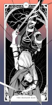 Rule 34 | 1boy, absurdres, animal, bandage over one eye, bandaged arm, bandaged head, bandages, cloak, english text, foot out of frame, full body, greyscale, greyscale with colored background, hashtag-only commentary, highres, levi (shingeki no kyojin), looking at another, male focus, monochrome, pants, shingeki no kyojin, shirt tucked in, short hair, snake, solo, three-dimensional maneuver gear, twoframe, upside-down