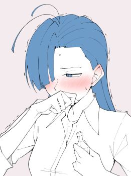 1girl ado_(utaite) ahoge blue_eyes blue_hair blush commentary_request dress_shirt ear_blush highres holding_potion merry_(ado) nori_(norinori_yrl) readymade_(ado) shirt simple_background solo three-quarter_sleeves upper_body white_background