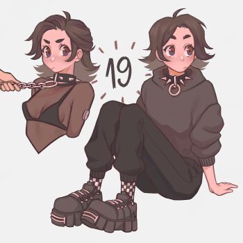 1girl 1other :/ artist_self-insert black_bra black_eyes black_hair black_hoodie black_pants black_shoes bodystocking bra breasts checkered_clothes checkered_socks collar commentary english_commentary gluca highres holding holding_leash hood hoodie leash medium_hair original pants see-through_cleavage see-through_clothes shoes sitting small_breasts socks solo_focus spiked_collar spikes thick_eyebrows underwear