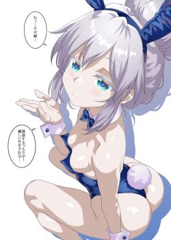1girl animal_ear_hairband animal_ears ass blue_bow blue_bowtie blue_eyes blue_leotard bow bowtie breasts commentary_request detached_collar deux_murasame fake_animal_ears feet_out_of_frame freckles grey_hair gundam gundam_gquuuuuux hair_bun hairband leotard long_hair looking_at_viewer minazuki_noumu one-piece_thong oversized_breast_cup playboy_bunny rabbit_ears rabbit_tail simple_background small_breasts solo strapless strapless_leotard tail thong_leotard translated updo white_background wrist_cuffs