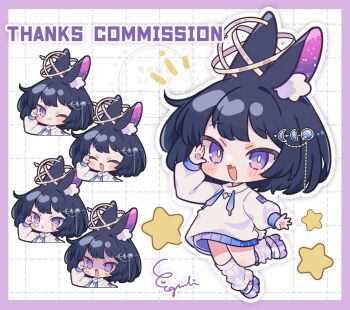 1girl :3 :d ;3 animal_ear_fluff animal_ears black_hair blush_stickers border borrowed_character bright_pupils closed_mouth commentary commission drawstring egissi fang fang_out full_body grid_background long_sleeves looking_at_viewer multiple_views one_eye_closed open_mouth original outline purple_border purple_eyes rabbit_ears rabbit_girl rabbit_tail ribbed_socks shirt shoes short_hair signature skeb_commission skin_fang smile socks standing standing_on_one_leg star_(symbol) tail watermark white_background white_outline white_pupils white_shirt white_shoes white_socks