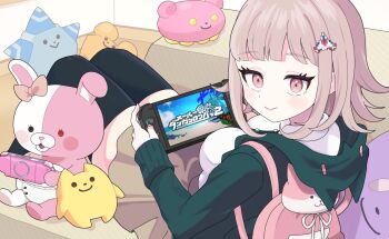 1girl animal_bag blush breasts brown_hair brown_skirt collared_shirt danganronpa_(series) danganronpa_2:_goodbye_despair danganronpa_2x2 diaper flipped_hair hair_ornament handheld_game_console heterochromia highres holding holding_handheld_game_console hood jacket long_sleeves looking_at_viewer medium_hair monomi_(danganronpa) nanami_chiaki niwaniha0711 open_clothes open_jacket pink_bag pink_eyes pink_ribbon ribbon shirt skirt smile thighhighs two-tone_shirt white_shirt