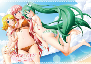 3girls aqua_eyes aqua_hair arm_hug ass barefoot beach bikini blonde_hair blue_eyes breasts cleavage day feet green_eyes green_hair hair_ornament hair_ribbon hairclip hatsune_miku hug kagamine_rin large_breasts legs long_hair md5_mismatch megurine_luka multiple_girls one_eye_closed pink_hair polka_dot polka_dot_bikini polka_dot_swimsuit project_diva project_diva_(series) resolution_mismatch ribbon side-tie_bikini_bottom sin-go smile source_larger striped_bikini striped_clothes swimsuit twintails underboob very_long_hair vocaloid wink