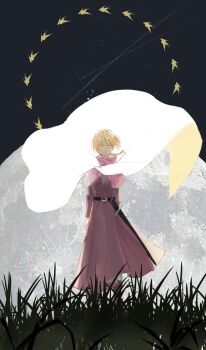 1girl belt belt_buckle black_belt blonde_hair braid buckle cape chi.:_chikyuu_no_undou_ni_tsuite cloak dress full_body full_moon grass highres jolenta k_morghania long_dress looking_at_viewer medium_hair moon pink_cape pink_dress single_braid solo standing sword weapon white_cloak yellow_eyes