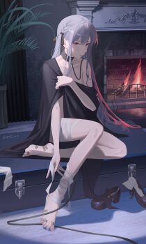 1girl absurdres bandaged_leg bandages bandaid bandaid_on_foot bang_dream! bang_dream!_it&#039;s_mygo!!!!! barefoot black_collar black_ribbon blue_hair braid chinese_commentary collar commentary_request dated fireplace hair_ribbon highres leash long_hair loose_bandages partial_commentary ribbon roundschen shoes sidelocks signature sitting solo togawa_sakiko unworn_shoes
