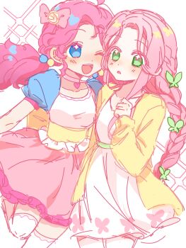 Rule 34 | 2girls, alternate eye color, alternate hairstyle, blue eyes, blush, bow, braid, cardigan, chinese commentary, commentary request, curly hair, dress, fluttershy, green eyes, hair bobbles, hair bow, hair ornament, highres, long hair, low twintails, multiple girls, my little pony, my little pony: friendship is magic, one eye closed, personification, pink hair, pink skirt, pinkie pie, shirt, simple background, skirt, smile, twintails, very long hair, white background, white dress, white shirt, yangguangxiaqingxidejiyi741, yellow cardigan