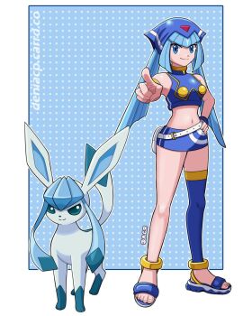 1girl bare_shoulders blue_background blue_eyes blue_hair blue_shirt blue_skirt blue_thighhighs border cropped_shirt crossover deniacp fairy_leviathan_(mega_man) full_body gen_4_pokemon glaceon hand_on_own_hip highres mega_man_(series) mega_man_zero_(series) midriff miniskirt navel nintendo pokemon pokemon_(creature) polka_dot polka_dot_background shirt simple_background single_thighhigh skirt standing thighhighs watermark web_address white_border