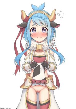 Rule 34 | 1girl, absurdres, animal ears, animal print, bell, blue hair, blush, bottomless, cleft of venus, cow ears, cow print, cowbell, flat chest, headband, highres, lifting own clothes, looking at viewer, mahiru (princess connect!), mahiru (ranger) (princess connect!), no panties, panties, princess connect!, pussy, ruinone, star-shaped pupils, star (symbol), symbol-shaped pupils, underwear